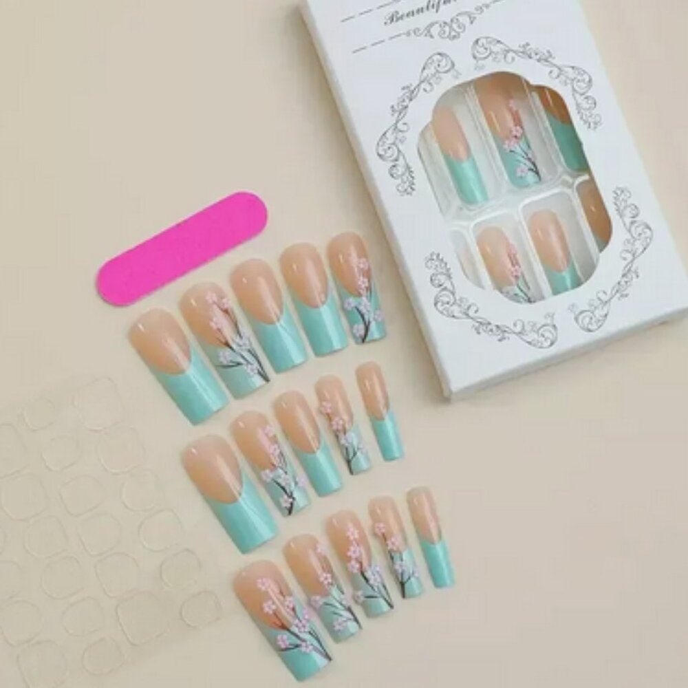 24 Pcs Long Square Cherry Blossom Floral 3D Green French Tip Press On Nails NIB - Picture 11 of 11
